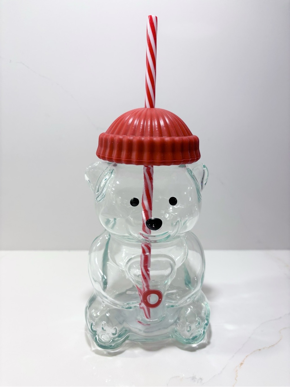 Starbucks Dupe ! Bear Shaped Clear Glass Tumbler 16.9oz RED Hat & Striped Straw